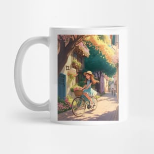 A cute girl explores a lively street on her bicycle. Mug